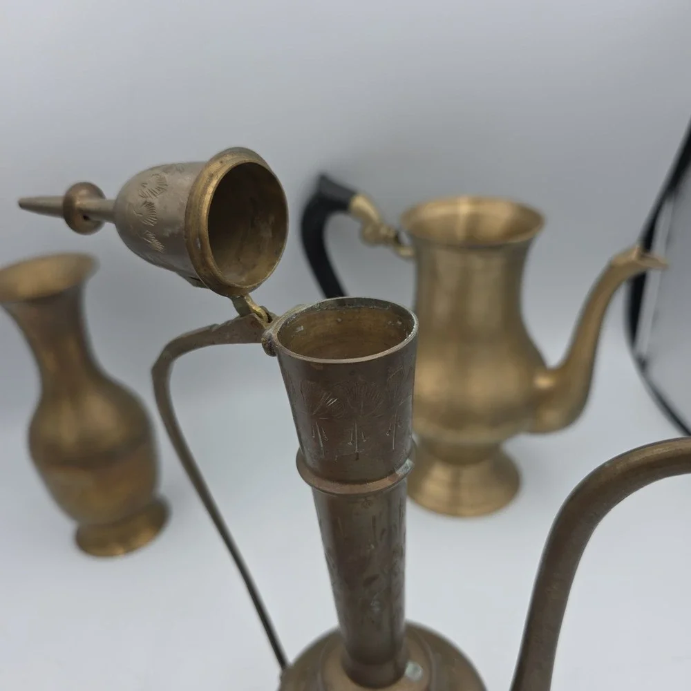 Vintage Ornate Solid Brass Etched Pitcher Made in India Lot Of 3